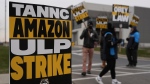 Strikers hold signs during a strike at Skokie (DIL7) Amazon Delivery station in Skokie, Ill., Thursday, Dec. 19, 2024. (AP Photo/Nam Y. Huh)