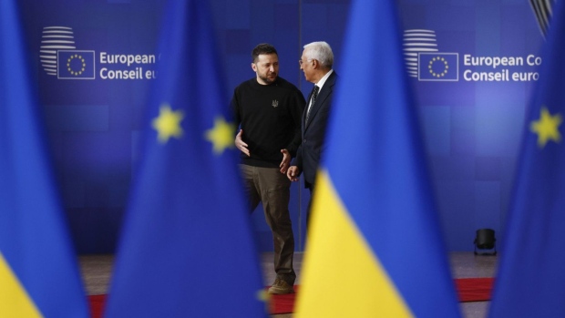 Ukraine's President Volodymyr Zelenskyy, left, speaks with European Council President Antonio Costa as they arrive for an EU summit at the European Council building in Brussels, Thursday, Dec. 19, 2024. (AP Photo/Geert Vanden Wijngaert)