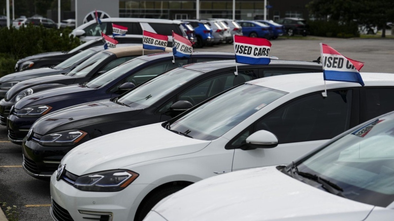 Used vehicles for sale are displayed at an automotive dealership in Ottawa on Friday, Aug. 11, 2023. Statistics Canada says retail sales rose 0.6 per cent to $67.6 billion in October, led by increases in vehicle sales.THE CANADIAN PRESS/Sean Kilpatrick