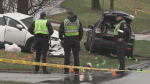 The scene of a fatal two-vehicle crash at Boundary Road and Forest Street in Burnaby is seen on Saturday, Dec. 21. (CTV News)