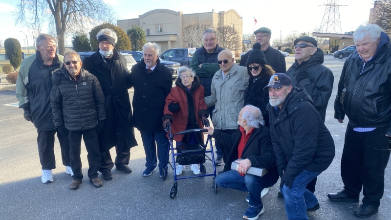 About a dozen former Elmwood Casino employees gathered outside the former entertainment hub as part of a reunion, Saturday, Dec. 21, 2024 (Robert Lothian/CTV News Windsor)