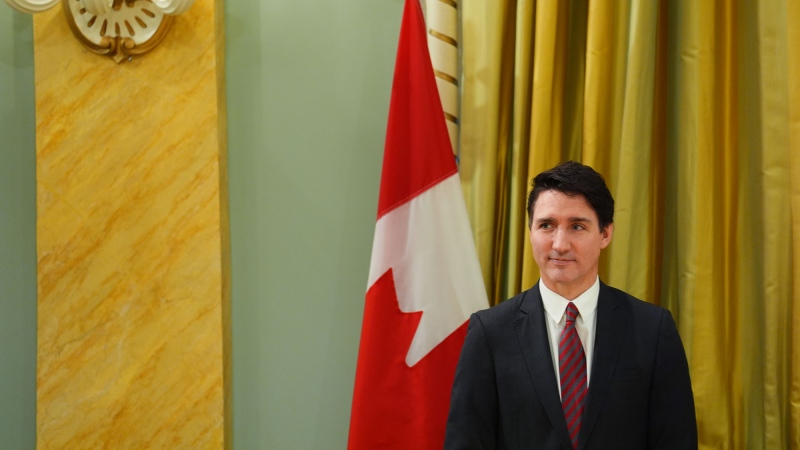 Prime Minister Justin Trudeau looks on during a cabinet swearing-in ceremony at Rideau Hall in Ottawa, on Friday, Dec.20, 2024. THE CANADIAN PRESS/Sean Kilpatrick