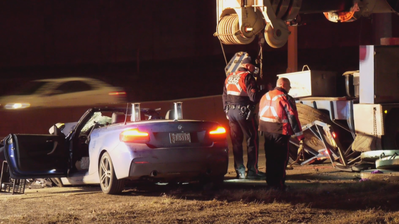 Emergency crews at the scene of a fatal crash on Glenmore Trail on Dec. 23, 2024. (CTV News) 