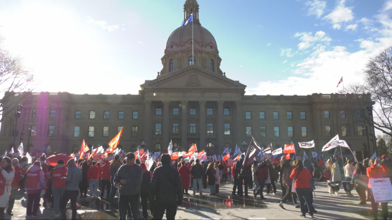 Supporters of CUPE Local 3350 rally at the Alberta legislature in an undated photo. (CTV News Edmonton)