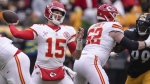 Kansas City Chiefs quarterback Patrick Mahomes (15) passes against the Pittsburgh Steelers during the first half of an NFL football game, Wednesday, Dec. 25, 2024, in Pittsburgh. (Gene J. Puskar/AP Photo)