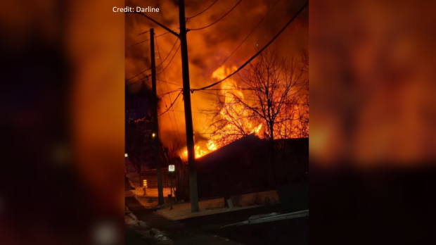 Flames could be seen shooting from a building on Victoria Avenue in Cambridge on Dec. 26, 2024. (Submitted: Darline)