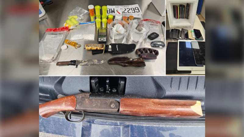 Several items seized by police during an arrest in Cambridge are laid out on a table. A sawed-off-shot gun in pictured. (Courtesy: Waterloo Regional Police Service)