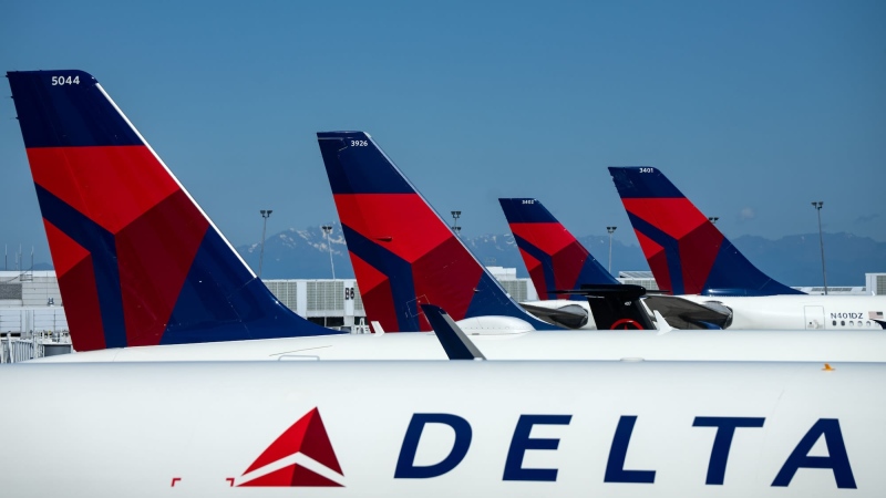 Delta Air Lines planes are seen parked at Seattle-Tacoma International Airport on June 19, 2024, in Seattle, Wash. (Kent Nishimura / Getty Images)