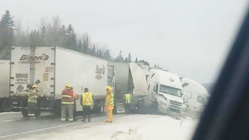 A collision involving five vehicles closed Highway 11 in both directions Friday morning between Golf Course Drive in New Liskeard and Highway 66 in Kenogami. (Photo courtesy of Jane Kennedy)