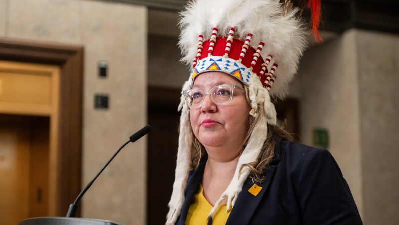 Assembly of First Nations (AFN) Cindy Woodhouse Nepinak speaks in the Foyer of the House of Commons on Parliament Hill in Ottawa, on Thursday, Oct. 10, 2024. (Spencer Colby / The Canadian Press)