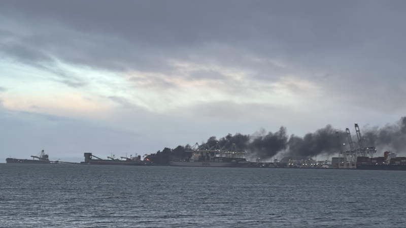 A massive fire at the port in Delta, B.C., sent a plume of smoke into the sky Saturday morning. (Photo credit: Paul Guyot)