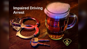 Handcuffs, car keys and a full mug of beer are pictured with the Ontario Provinicial Police logo and the caption 'Impaired Driving Arrest.' (File photo/Ontario Provincial Police/Facebook)