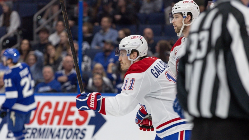 Montreal Canadiens right wing Brendan Gallagher (11) celebrates with teammates after scoring during the third period of an NHL hockey game against the Tampa Bay Lightning, Sunday, Dec. 29, 2024, in Tampa, Fla. (AP Photo/Mary Holt)