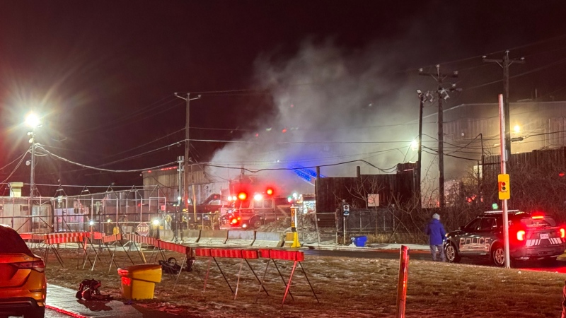 A battery factory in Sainte-Catherine, a municipality south of Montreal, was engulfed in flames. (Cosmo Santamaria/CTV News)