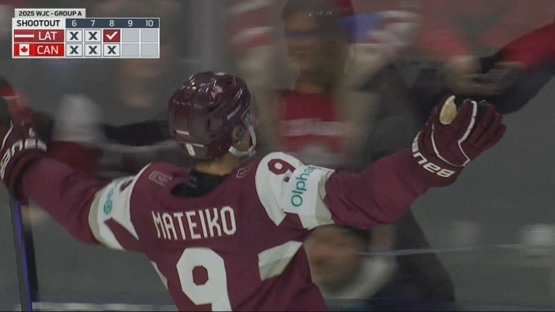 Eriks Mateiko is pictured celebrating after scoring the game winning goal in a shootout against Team Canada at the IIHF World Junior Championships on Friday.