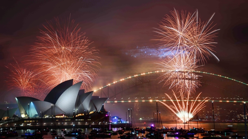 Fireworks explode over the Sydney Opera House and Harbour Bridge during New Year's Eve celebrations in Sydney, Wednesday, Jan. 1, 2025. (Bianca De Marchi/AAP Image via AP)