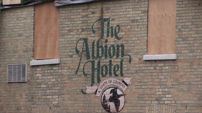 The Albion Hotel is boarded up for winter as restoration work gets underway inside historic structure, December 20, 2024 (Scott Miller/CTV News London)