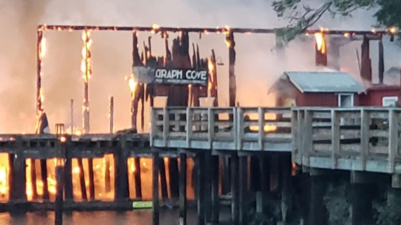 A devastating fire struck Telegraph Cove, B.C., on Tuesday, Dec. 31, 2024. (Photo credit: James Furney)