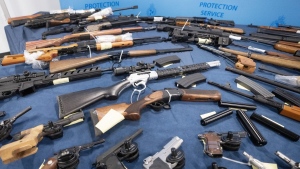 Seized firearms are displayed at a Canadian Border Services Agency news conference Wednesday, Feb. 28, 2024 in Montreal. THE CANADIAN PRESS/Ryan Remiorz