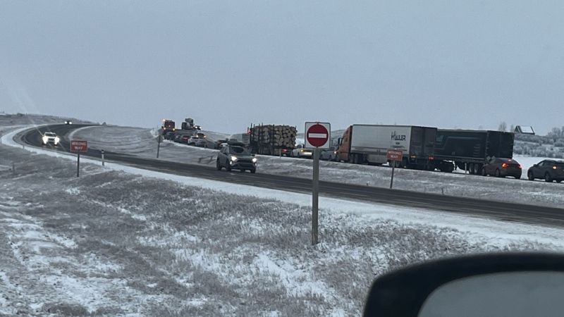 Cochrane RCMP respond to a serious crash on the Trans-Canada Highway on Friday, Jan. 3, 2025. (Jaclyn Brown)