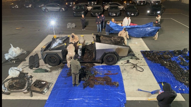 This undated photo, provided by the Las Vegas Police Department shows the Tesla Cybertruck involved in an explosion outside the Trump Hotel in Las Vegas. (Las Vegas Police Department via AP)