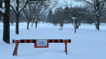 A warning sign blocked the way to a snowy path in Perth County on Jan. 4, 2025. (Sidra Jafri/CTV News)