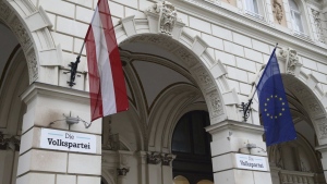 Exterior view of the Austrian Peoples' Party's headquarters in Vienna, Austria, Sunday, Jan. 05, 2025. (AP Photo/Heinz-Peter Bader)
