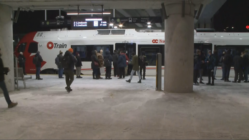 A crowd gathers at Bayview Station Monday morning to be the first to ride the new north-south Line 2 in Ottawa. (Adam Zuccala/CTV News Ottawa)