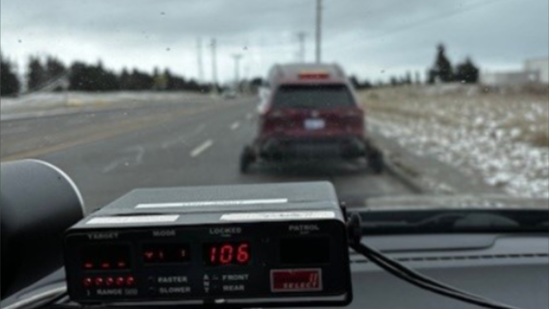 A vehicle is pictured on a tow after the driver was allegedly clocked speeding 106km/h in the Town of New Tecumseth on Sun., Jan. 5, 2025. (OPP)