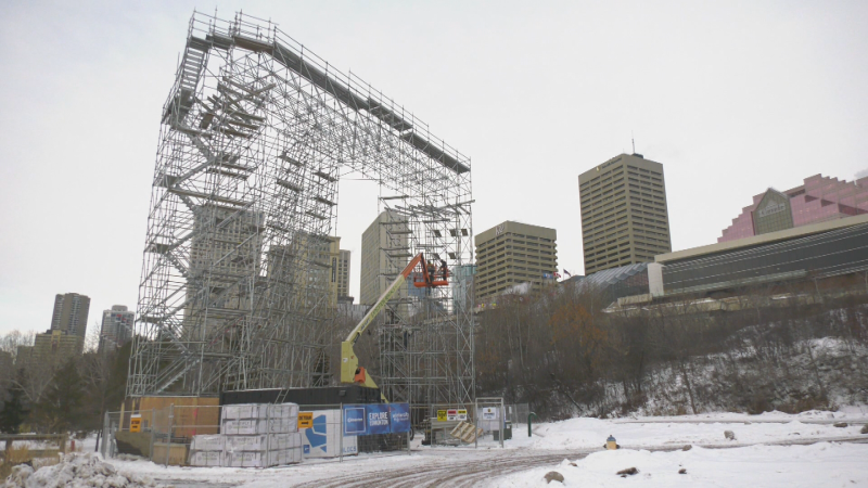 Scaffolding for a 21-metre wall of ice is erected in Louise McKinney Park on Jan. 6, 2024, for the UIAA Ice Climbing World Cup and YEG Ice Fest Feb. 27-March 2, 2025. (Evan Klippenstein / CTV News Edmonton) 