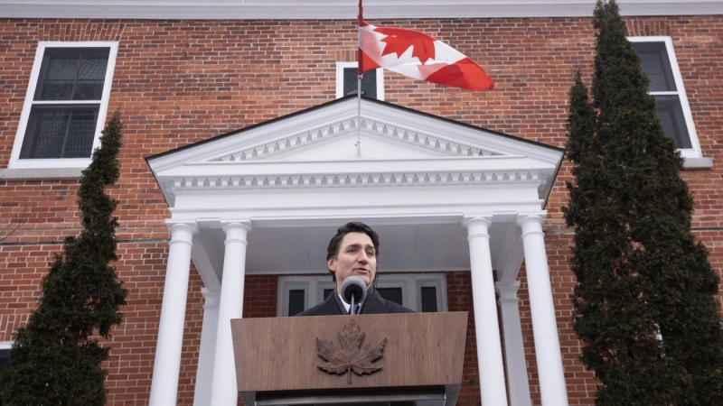 Prime Minister Justin Trudeau speaks with media outside Rideau Cottage, Monday, Jan. 6, 2025 in Ottawa. THE CANADIAN PRESS/Adrian Wyld