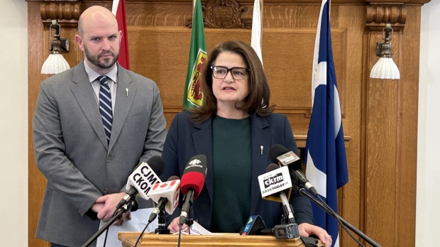 Saskatchewan NDP Leader Carla Beck and Education Critic Matt Love at a media event on Jan. 7, 2025. (Wayne Mantyka/CTV News)