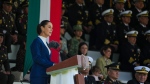 Mexican President Claudia Sheinbaum addresses the Armed Forces at Campo Marte in Mexico City, Thursday, Oct. 3, 2024. (AP Photo/Fernando Llano)