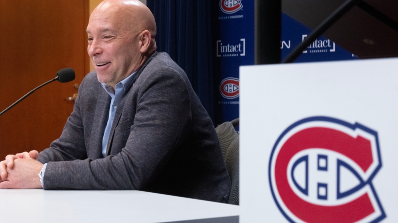 Montreal Canadiens General Manager Kent Hughes gives his mid-season update at a press conference in Brossard, Que., Wednesday, Jan. 8, 2025. (Ryan Remiorz / The Canadian Press)