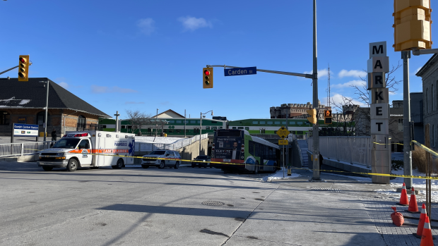 Police tape blocks off a portion of Carden Street in Guelph after a collision involving a pedestrian and a bus on Jan. 8, 2025. (Dave Pettitt/CTV News)