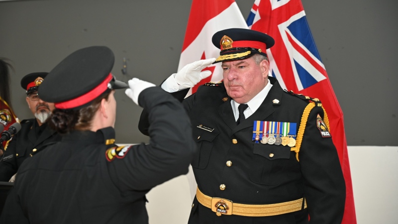  Manitoba First Nations Police Service Chief Doug Palson is pictured at a graduation ceremony at Assiniboine Community College in April 2024. (MFNPS/Facebook)