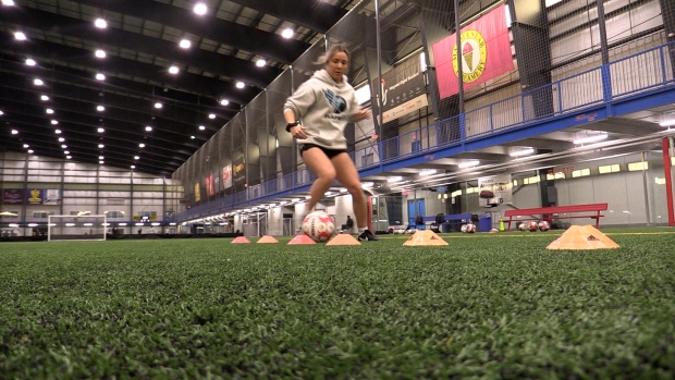 Julia Benati of Dorchester, Ont. is joining Ottawa Rapid FC of the Northern Super League. She was training at BMO Centre on Jan. 8, 2025. (Brent Lale/CTV News London)