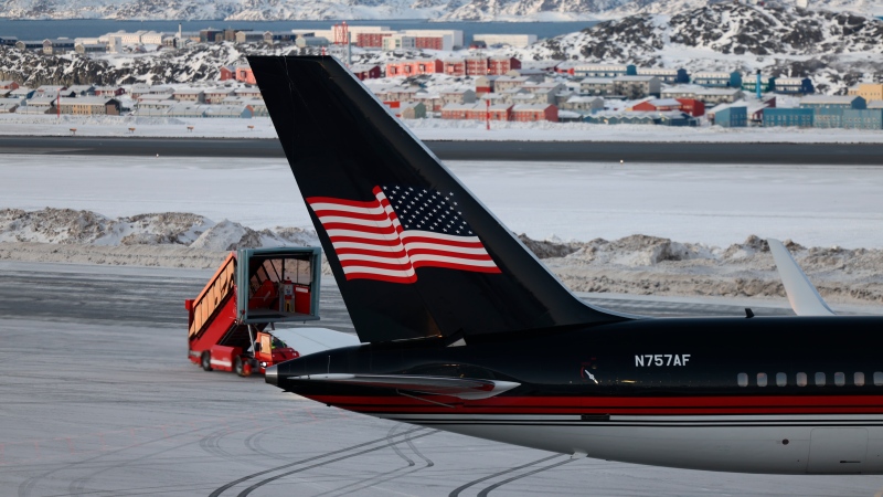 A plane carrying Donald Trump Jr. lands in Nuuk, Greenland, Tuesday, Jan. 7, 2025. (Emil Stach/Ritzau Scanpix via AP)