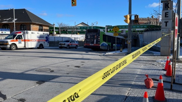 Emergency services were on scene, near Wyndham and Carden Streets, after a collision involving a pedestrian and a bus on Jan. 8, 2025. (Dave Pettitt/CTV News)
