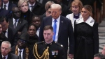 U.S. president-elect Donald Trump and Melania Trump arrive before the state funeral for former President Jimmy Carter at Washington National Cathedral in Washington on Jan. 9, 2025. (Jacquelyn Martin / AP Photo)