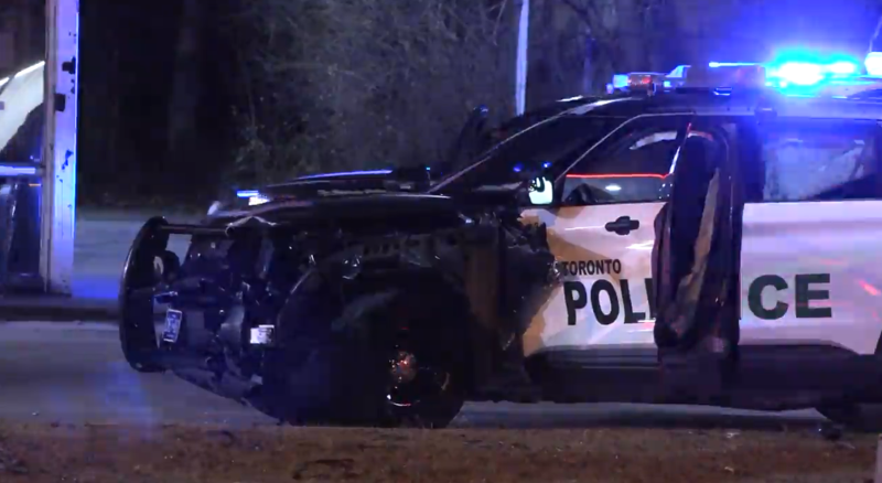 Police have arrested one suspect after a vehicle used in a robbery collided with a police cruiser in a North York. (CTV News Toronto/Jacob Estrin)