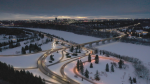 Snow covers the North Saskatchewan River in Edmonton in this aerial photo taken on Jan. 9, 2025. (Cam Wiebe / CTV News Edmonton) 