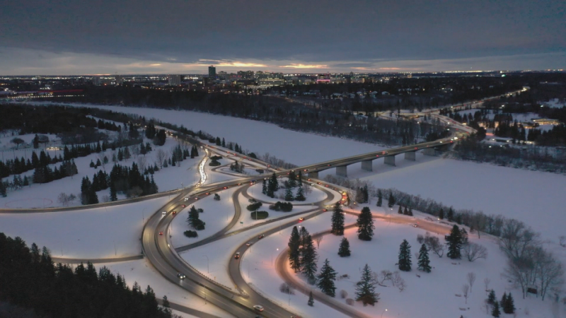 Snow covers the North Saskatchewan River in Edmonton in this aerial photo taken on Jan. 9, 2025. (Cam Wiebe / CTV News Edmonton) 