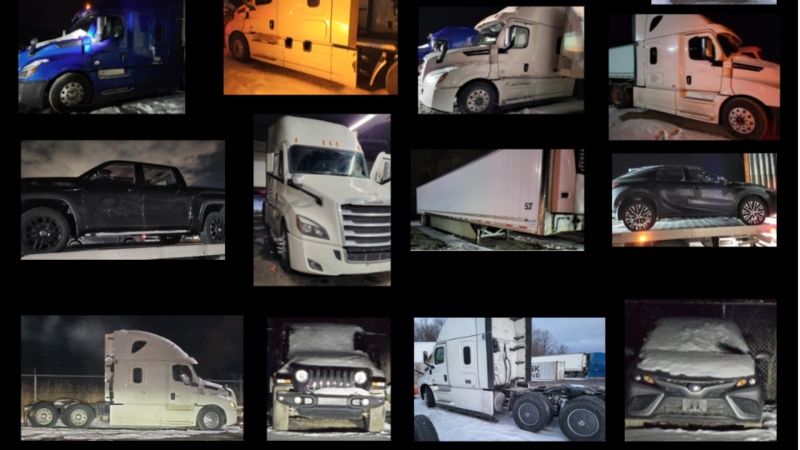 Provincial police have recovered stolen vehicles valued at more than $1.4 million following the execution of a search warrant in Caledon, including 10 that appear to be transport trucks. (OPP)