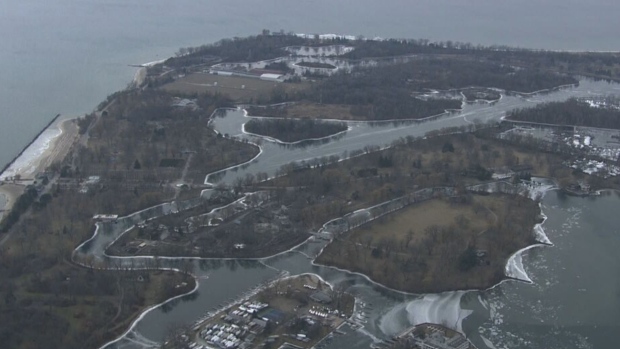 A man in his 70s died after falling through the ice in Lake Ontario by the Toronto Islands on Friday. (Chopper)