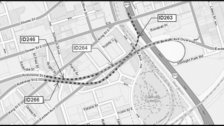 Map showing the locations of the Eastern Avenue Bridge, Richmond Street East over King Street Bridge, Adelaide Street East over King Street Bridge, and the Don Valley Parkway Ramp over the Don River. (City of Toronto)