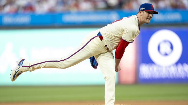 Philadelphia Phillies relief pitcher Jeff Hoffman in action during Game 1 of a baseball NL Division Series against the New York Mets, Saturday, Oct. 5, 2024, in Philadelphia. (AP Photo/Chris Szagola)