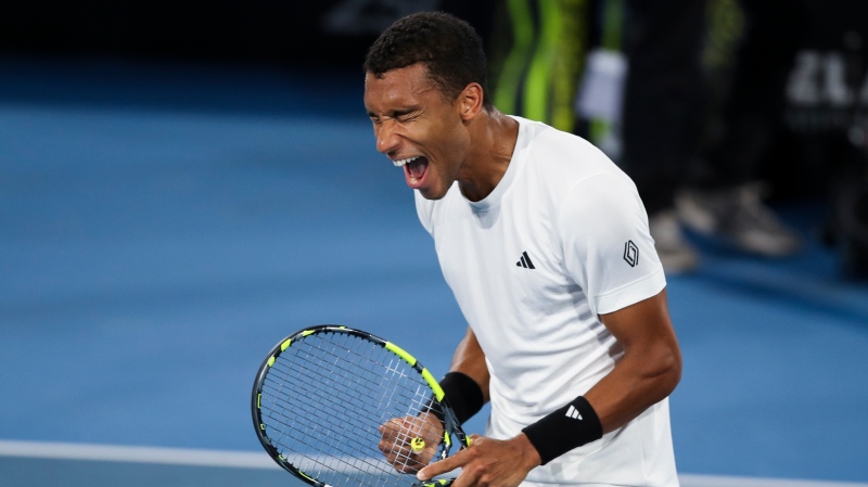 Felix Auger-Aliassime of Canada reacts after defeating Sebastian Korda of the United States in the men's final of the Adelaide International at Memorial Drive Tennis Club in Adelaide, Australia, Saturday, Jan. 11, 2025. (Matt Turner/AP)