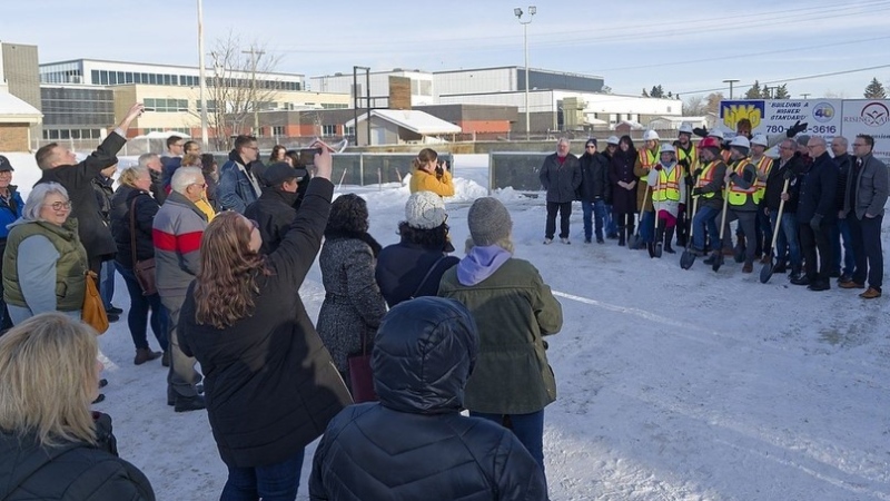 Local leaders at the groundbreaking for a new Rising Above Building at the current Park Campus in Grande Prairie, Alta. on Monday, Jan. 6, 2025. The $5 million, four story, building will add beds to Rising Above addiction treatment facility. (Jesse Boily)