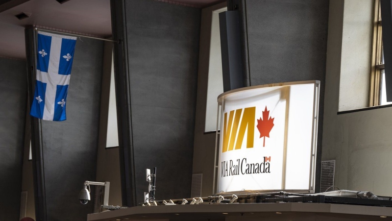 A Via Rail sign is seen inside Central Station in Montreal, Thursday, July 20, 2023.  THE CANADIAN PRESS/Christinne Muschi